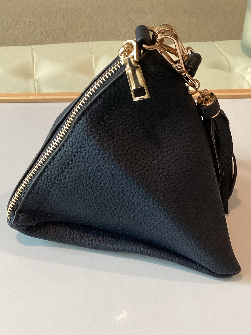Mini Triangle Zip Bag in Black with Gold Hardware